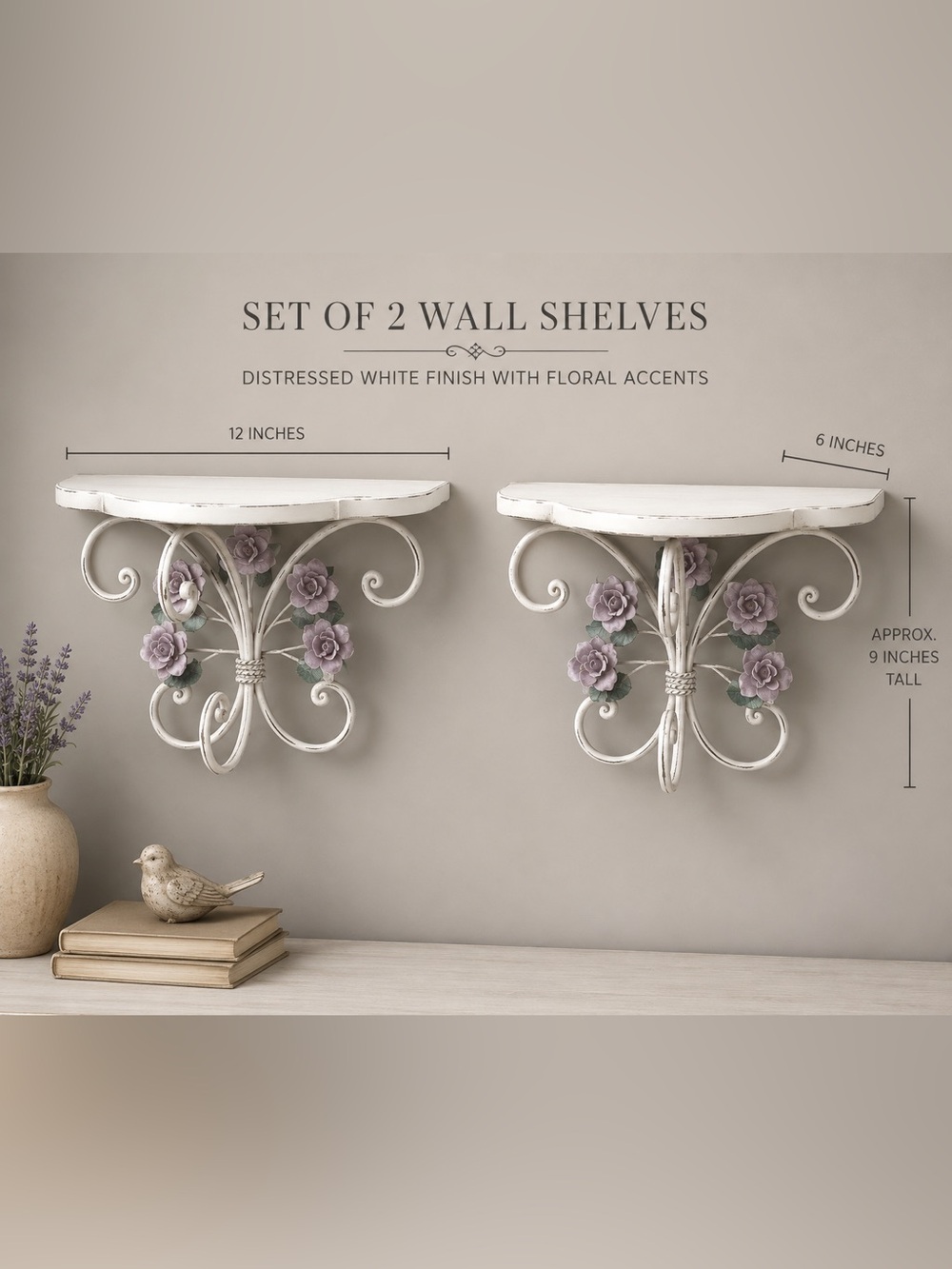 Vintage Set of 2 Distressed White Floral Wall Shelves